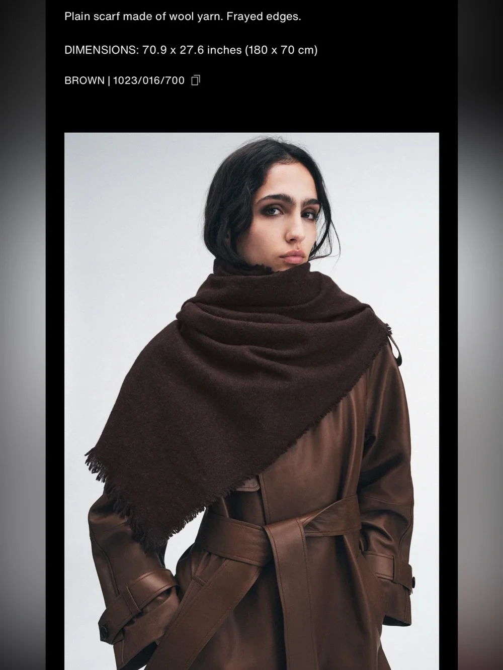 Zara plain wool scarf with frayed hem, 180 x 70 cm, brown